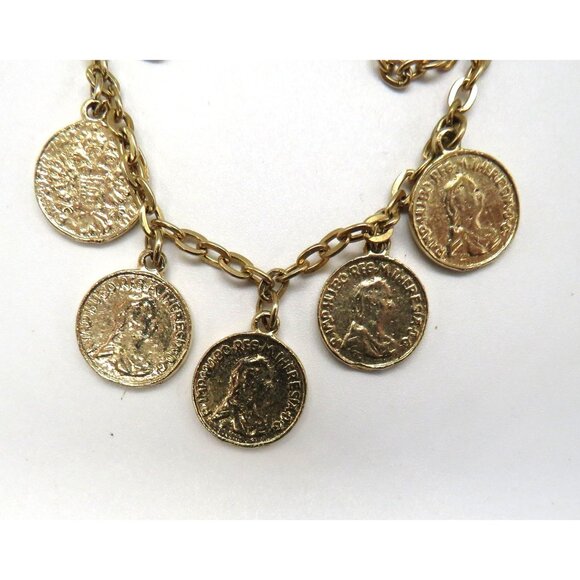 Vintage Imitation Coin Brooch 3" Gold Tone Pin Draped Chain Dangle Faux Change - Picture 9 of 12